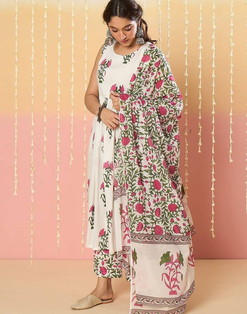 Floral Printed Anarkali Pure Cotton Kurta With Palazzos & Dupatta