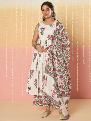 Floral Printed Anarkali Pure Cotton Kurta With Palazzos & Dupatta 2