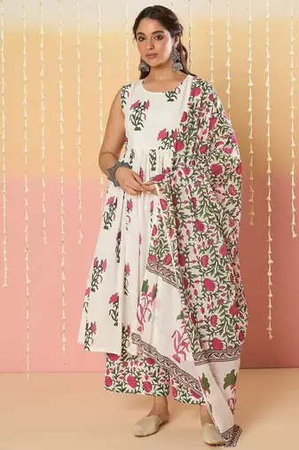 Floral Printed Anarkali Pure Cotton Kurta With Palazzos & Dupatta
