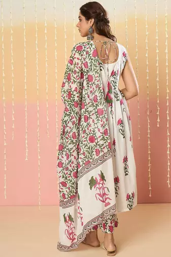 Floral Printed Anarkali Pure Cotton Kurta With Palazzos & Dupatta