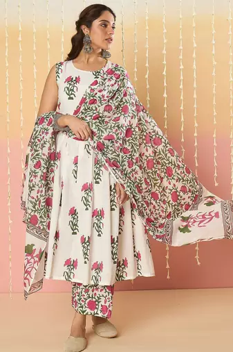 Floral Printed Anarkali Pure Cotton Kurta With Palazzos & Dupatta