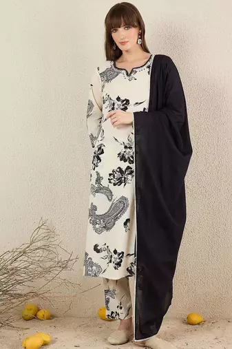 Women Floral Printed Cotton Kurta with Trousers & Dupatta
