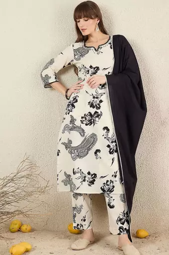 Women Floral Printed Cotton Kurta with Trousers & Dupatta