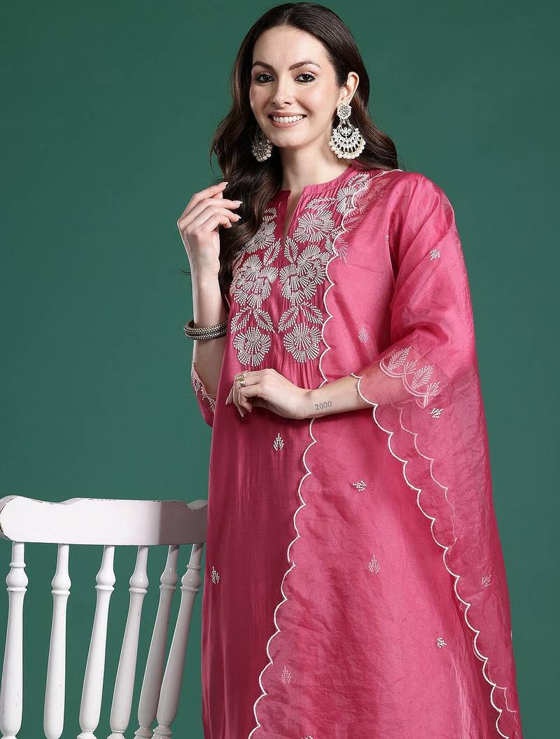 Ethnic Motifs Embroidered Thread Work Kurta with Trousers & With Dupatta