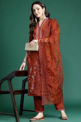 Women Ethnic Motifs Embroidered Regular Sequinned Kurta with Trousers & With Dupatta