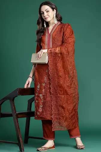 Women Ethnic Motifs Embroidered Regular Sequinned Kurta with Trousers & With Dupatta