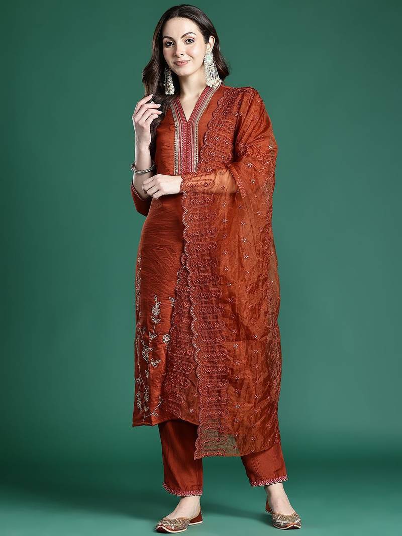 Women Ethnic Motifs Embroidered Regular Sequinned Kurta with Trousers & With Dupatta