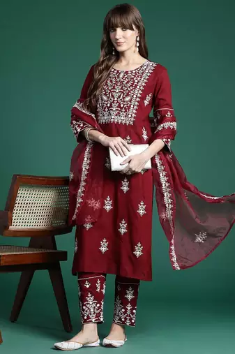 Ethnic Motifs Embroidered Thread Work Kurta With Trousers & Dupatta