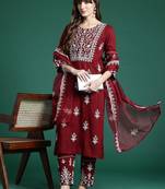 Ethnic Motifs Embroidered Thread Work Kurta With Trousers & Dupatta