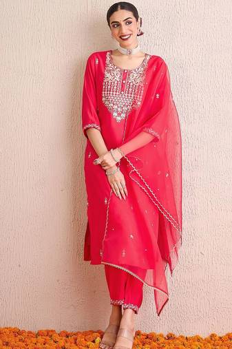 Women Embroidered Regular Sequinned Kurta with Trousers & With Dupatta