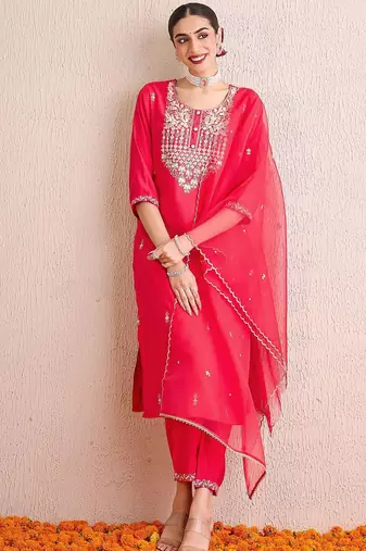 Women Embroidered Regular Sequinned Kurta with Trousers & With Dupatta