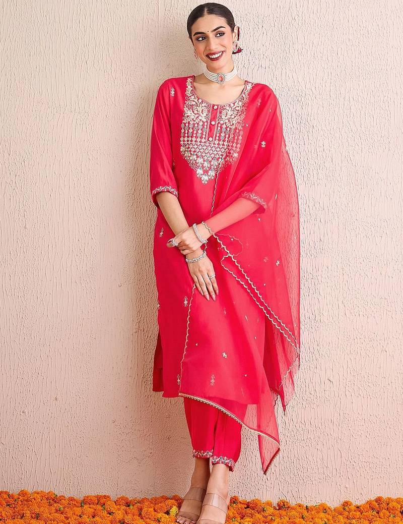Women Embroidered Regular Sequinned Kurta with Trousers & With Dupatta