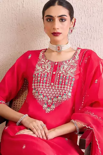 Women Embroidered Regular Sequinned Kurta with Trousers & With Dupatta