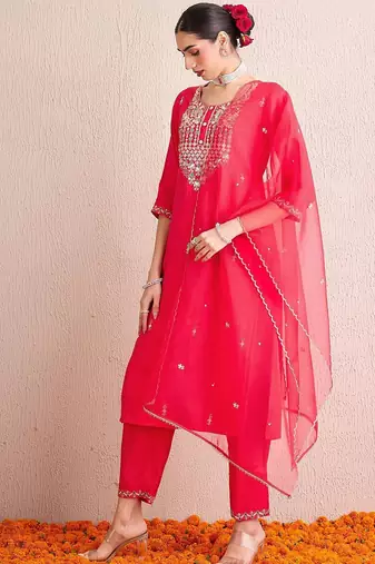 Women Embroidered Regular Sequinned Kurta with Trousers & With Dupatta