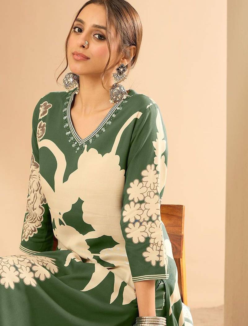 Floral Printed V-Neck Beads and Stones Screen Technique Kurta With Salwar