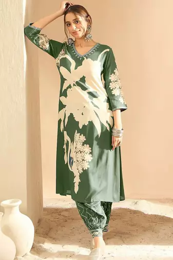 Floral Printed V-Neck Beads and Stones Screen Technique Kurta With Salwar