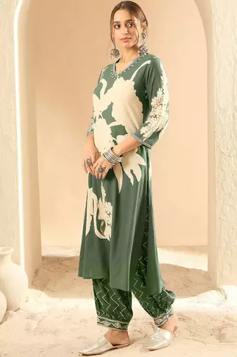Floral Printed V-Neck Beads and Stones Screen Technique Kurta With Salwar
