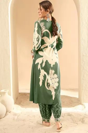Floral Printed V-Neck Beads and Stones Screen Technique Kurta With Salwar