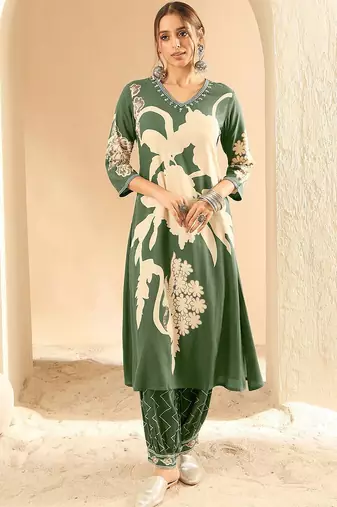 Floral Printed V-Neck Beads and Stones Screen Technique Kurta With Salwar