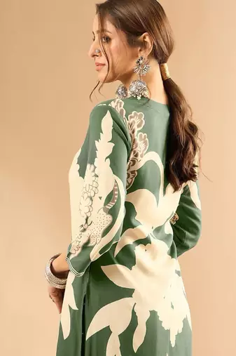 Floral Printed V-Neck Beads and Stones Screen Technique Kurta With Salwar