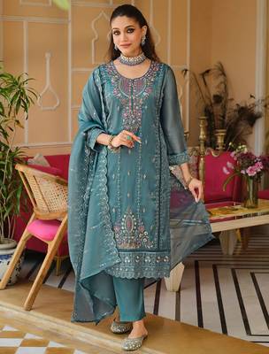 Blue Embroidered Straight Kurta Trousers Dupatta Set 1