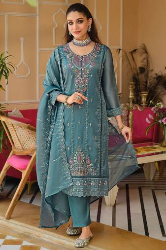 Blue Embroidered Straight Kurta Trousers Dupatta Set