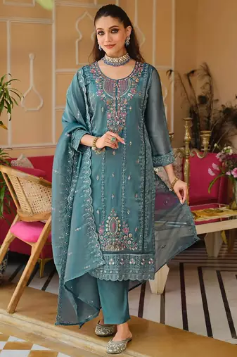 Blue Embroidered Straight Kurta Trousers Dupatta Set