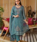 Blue Embroidered Straight Kurta Trousers Dupatta Set