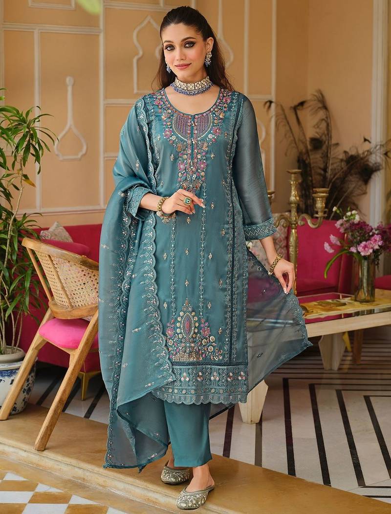 Blue Embroidered Straight Kurta Trousers Dupatta Set