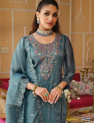 Blue Embroidered Straight Kurta Trousers Dupatta Set 2