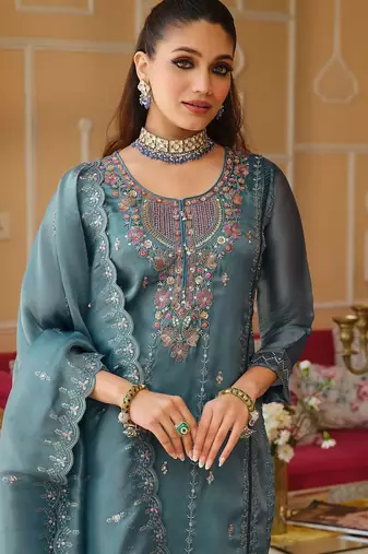 Blue Embroidered Straight Kurta Trousers Dupatta Set