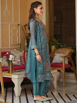 Blue Embroidered Straight Kurta Trousers Dupatta Set 3