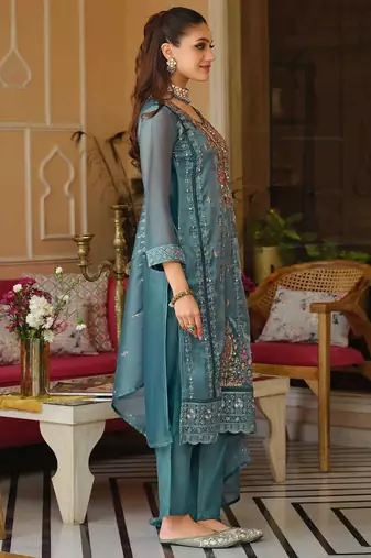 Blue Embroidered Straight Kurta Trousers Dupatta Set