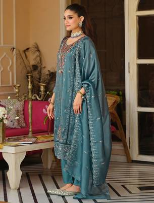 Blue Embroidered Straight Kurta Trousers Dupatta Set 4