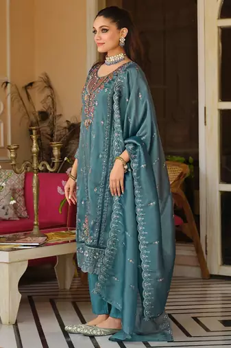 Blue Embroidered Straight Kurta Trousers Dupatta Set