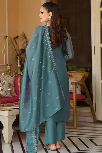 Blue Embroidered Straight Kurta Trousers Dupatta Set