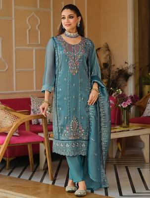 Blue Embroidered Straight Kurta Trousers Dupatta Set 6