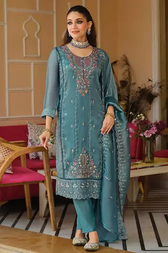 Blue Embroidered Straight Kurta Trousers Dupatta Set