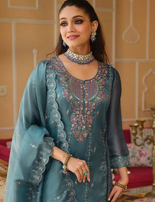 Blue Embroidered Straight Kurta Trousers Dupatta Set 7