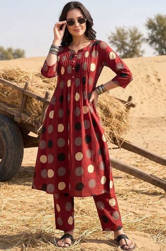 Women Printed Pleated  Cotton Kurta with Trousers