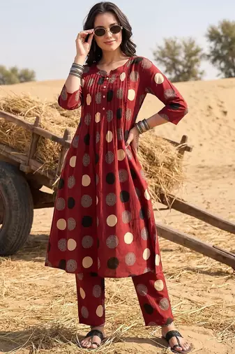 Women Printed Pleated Pure Cotton Kurta with Trousers