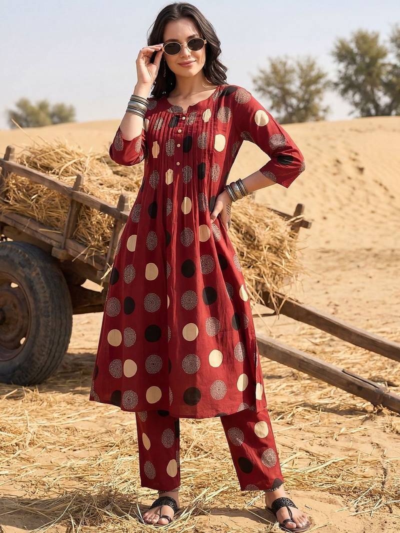 Women Printed Pleated Pure Cotton Kurta with Trousers