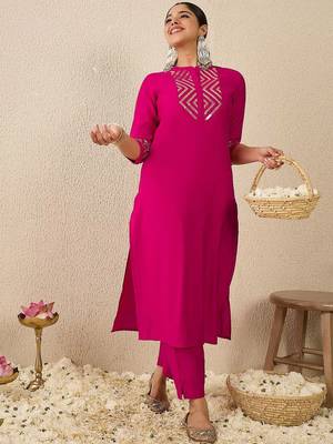 Embroidered Mirror Work Straight Kurta With Trousers 1