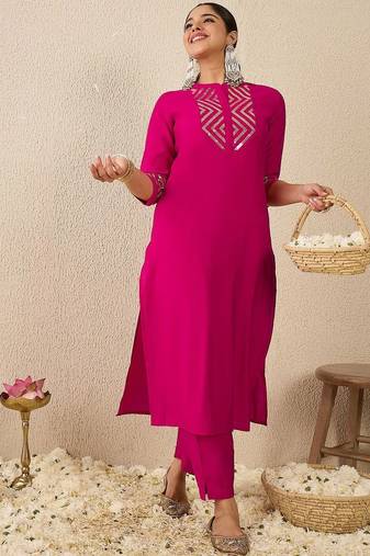 Embroidered Mirror Work Straight Kurta With Trousers