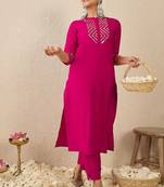 Embroidered Mirror Work Straight Kurta With Trousers