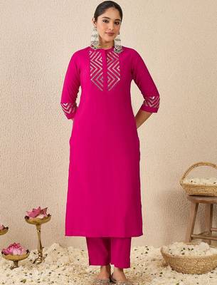 Embroidered Mirror Work Straight Kurta With Trousers 2