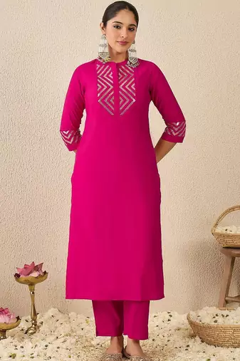Embroidered Mirror Work Straight Kurta With Trousers