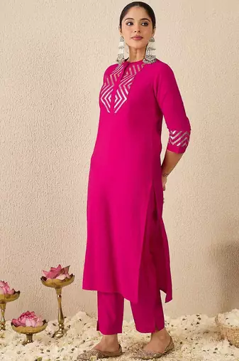 Embroidered Mirror Work Straight Kurta With Trousers