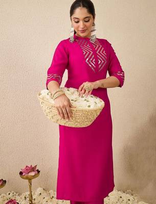 Embroidered Mirror Work Straight Kurta With Trousers 4