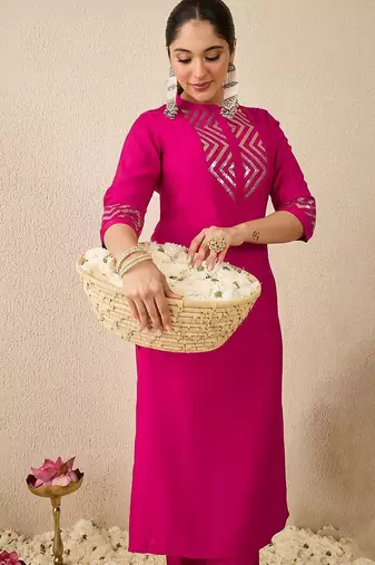 Embroidered Mirror Work Straight Kurta With Trousers